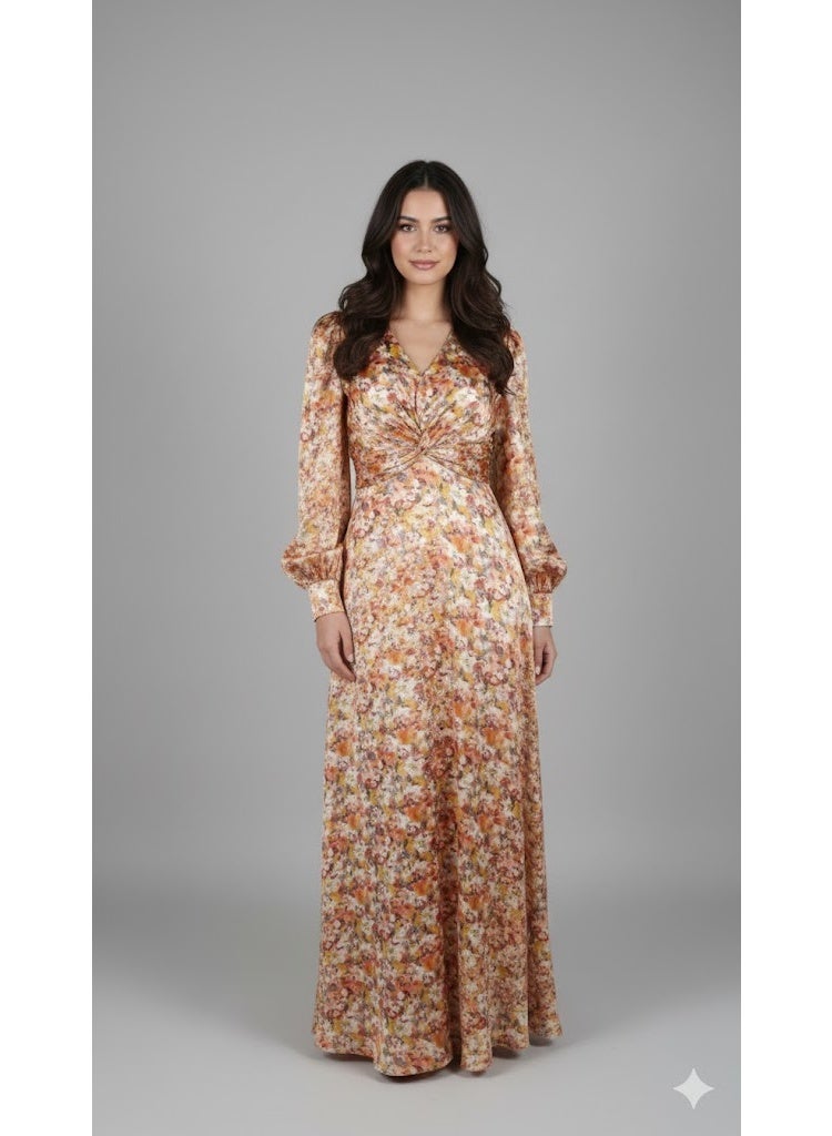 FULL JOY Soft Satin Fabric with Intricate Floral Pattern Maxi Dress ,Elegant Dress with long sleeves, Modern Dress. - Image 1